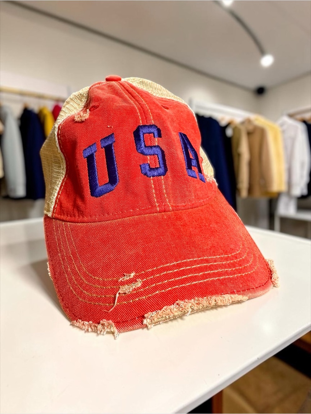 Original Retro Brand Red and Beige USA Embroidered Trucker Hat